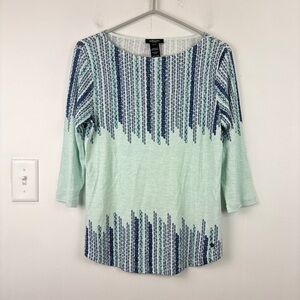 Olsen 100% Cotton Graphic Print Green and Blue Long Sleeve Blouse